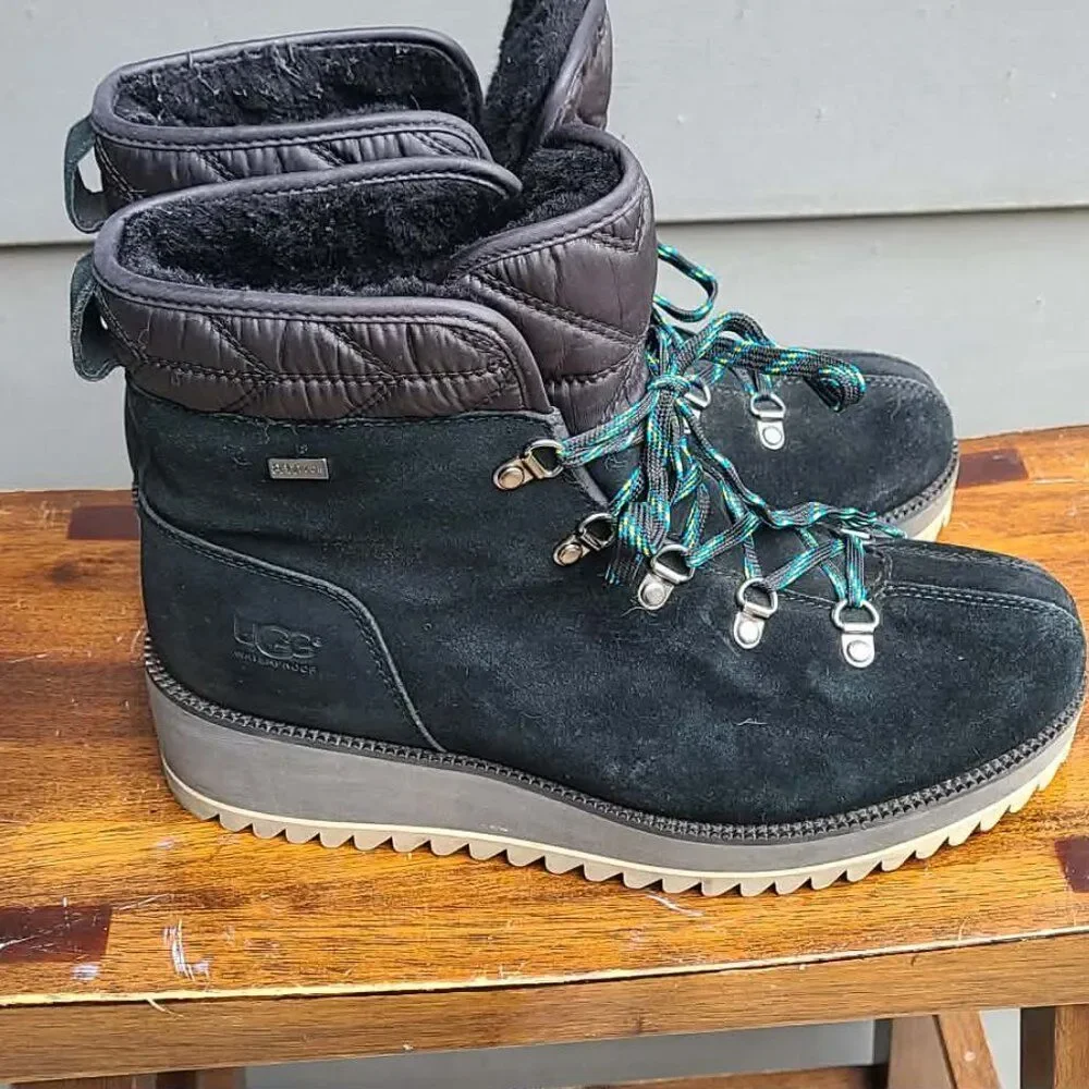 UGG Black Suede Shearling Birch Lace Up Boot size 8
